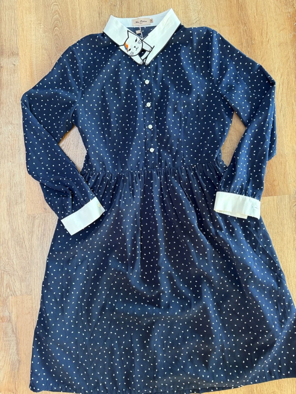 Miss Patina Classic Navy Dot Collared Dress with White Trim